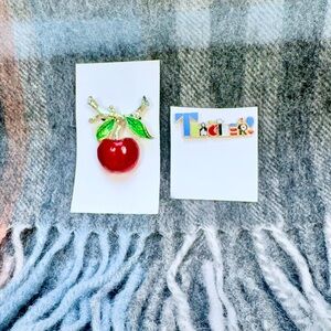 Teacher Thank You Pins for Gifts Apple on Stem & TEACHER Spelled in Symbols